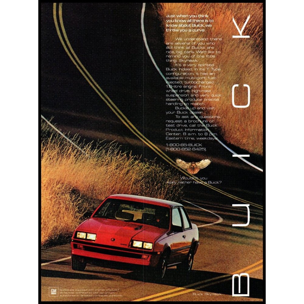 1985 Buick Skyhawk Red 2 Door Coupe Vintage Print Ad Windy Road Grain Wall Art